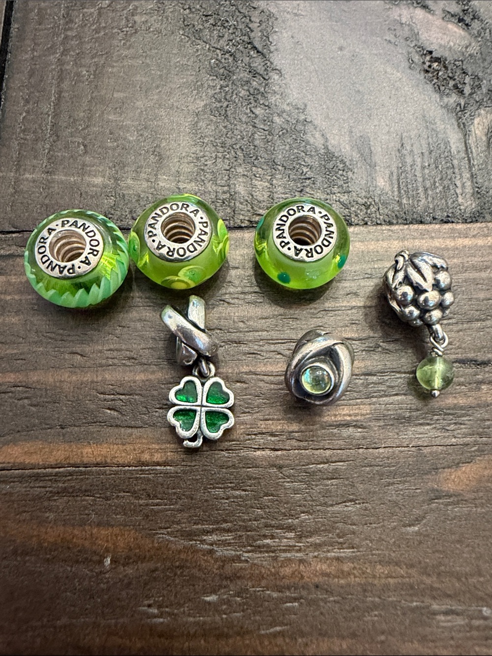 Pandora Lime Green Glass & Silver Charm Set with Clover and Grape Motifs